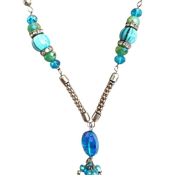 Boho Beaded Necklace Silvertone Chain & Blue Glass Beads w/ Tassel Beachy Chic - Picture 5 of 5